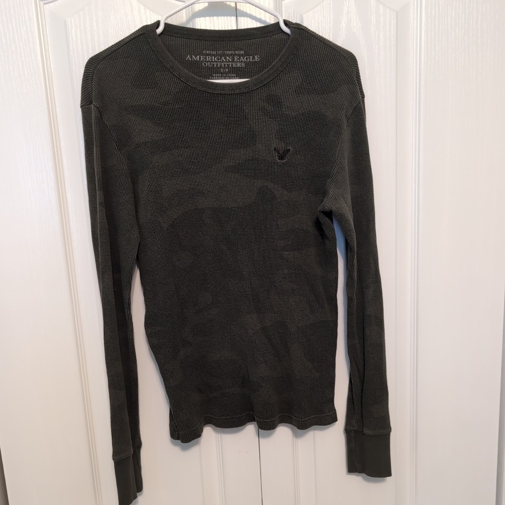 American Eagle Size S Green Camo Waffle Knit Thermal Long Sleeve Top Oversized
